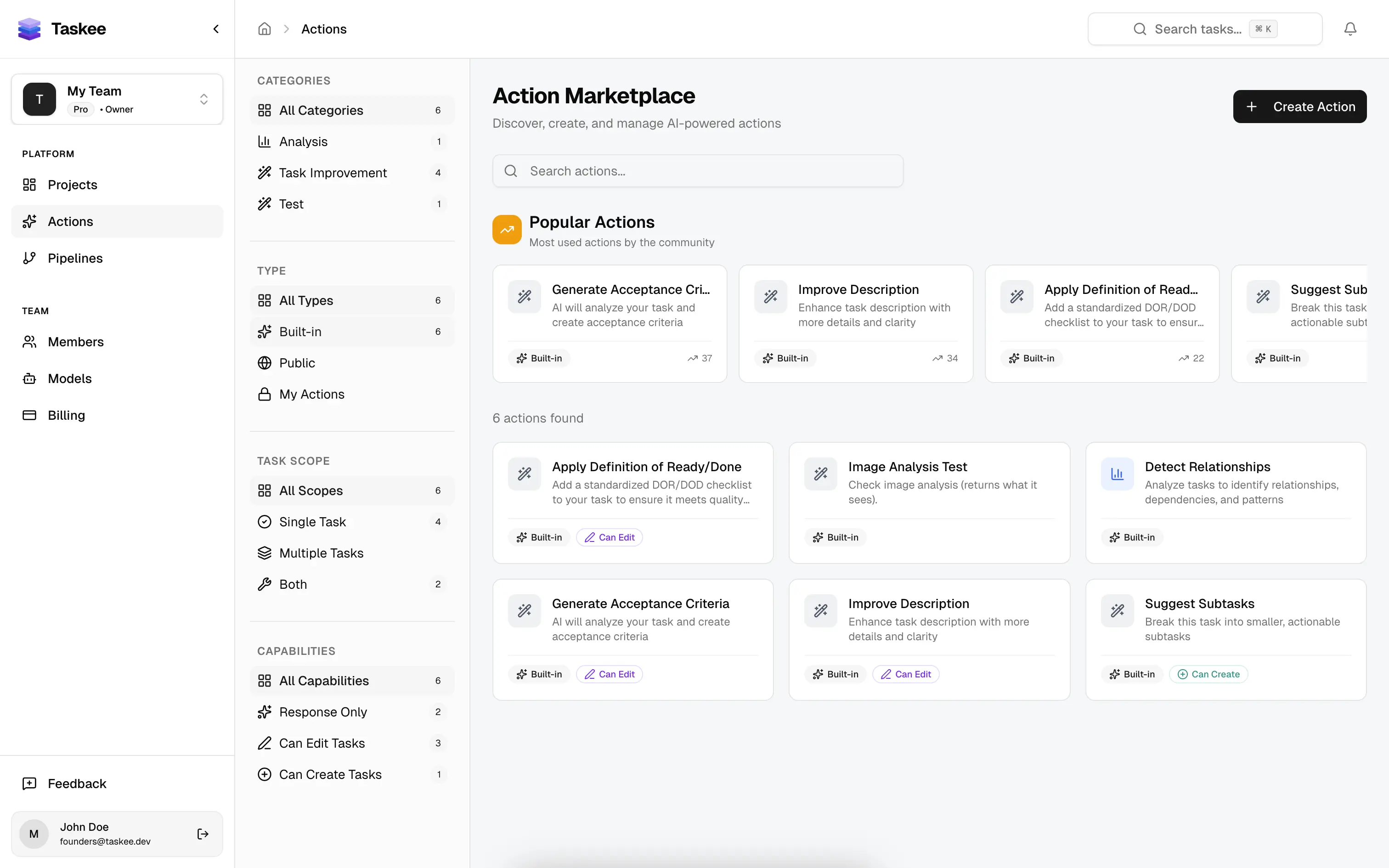 AI-powered action execution interface